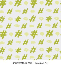 Seamless pattern. Hand drawing. Acrylic paints, brushes. Background for your creativity. Modern background. Hash tag. hash sign. Green Tones