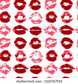 Seamless pattern. Hand drawing. Acrylic paints, brushes. Background for your creativity. Lips, kiss, Red lipstick