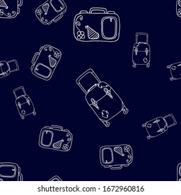 Seamless pattern with hand drawing baggage. Different suitcases, bags and backpacks. White outline on a blue background. Ideal for wrapping paper, textile, t-shirt design.