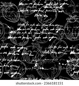 Seamless pattern. Hand drawing black white sketch fruits