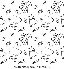 Seamless pattern hand drawing with black contour of women's dresses, shoes and accessories on the white background