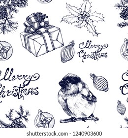 seamless pattern hand drawing, bullfinch, gift, merry Christmas, fir cones, Holi, vector