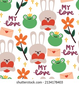 seamless pattern hand drawing bunny, frog, flower and letter for kids wallpaper, fabric print, textile, gift wrap paper