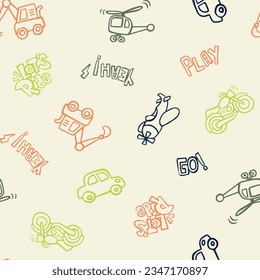 Seamless pattern with hand drawing car Cartoon helicopter motorbike and others object. Design for use backdrop, wrapping paper all over fabric print and other