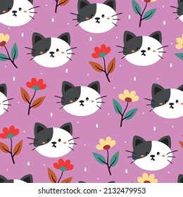 seamless pattern hand drawing cartoon cat and flowers. for kids wallpaper, fabric print, textile, gift wrapping paper
