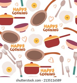 Seamless Pattern Hand Drawing Cartoon Kitchen Set And Cooking. For Kids Wallpaper, Fabric Print, Textile, Gift Wrapping Paper