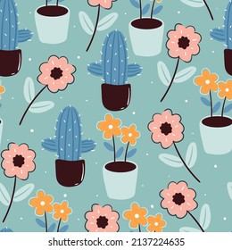 seamless pattern hand drawing cartoon flower and plant. botanical drawing for fabric print, textile, gift wrap paper