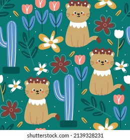 seamless pattern hand drawing cartoon cat and flower. spring background for fabric print, textile