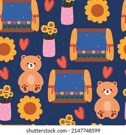 seamless pattern hand drawing cartoon bear, flower and window with night sky. for fabric print, textile