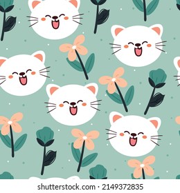 seamless pattern hand drawing cartoon cat and flower. animal drawing for fabric print, textile, gift wrap paper