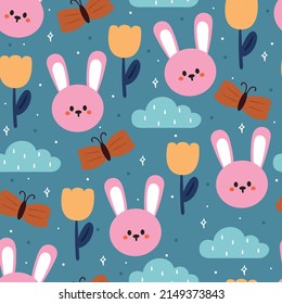 seamless pattern hand drawing cartoon bunny and flower. animal drawing for fabric print, textile, gift wrap paper