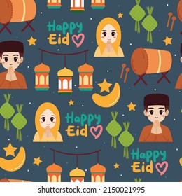 seamless pattern hand drawing cartoon eid mubarak element. celebration wallpaper for fabric print, textile