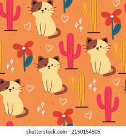seamless pattern hand drawing cartoon cat and flower. animal drawing for fabric print, textile, gift wrap paper