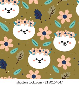 seamless pattern hand drawing cartoon bear and flower. animal drawing for fabric print, textile, gift wrap paper