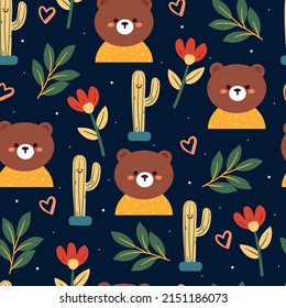 seamless pattern hand drawing cartoon bear and flower. animal drawing for fabric print, textile, gift wrap paper