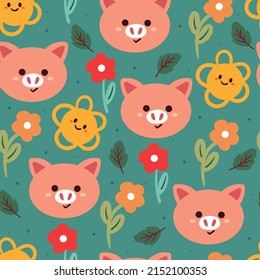 seamless pattern hand drawing cartoon pig and flower. animal drawing for fabric print, textile, gift wrap paper