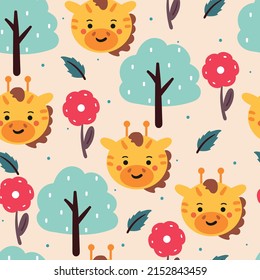 seamless pattern hand drawing cartoon giraffe and flower. animal drawing for fabric print, textile, gift wrap paper