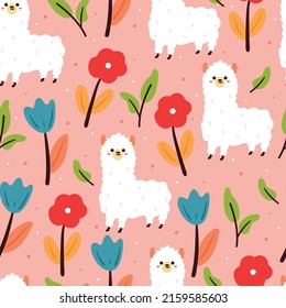 seamless pattern hand drawing cartoon llama with flower and plant. cute animal wallpaper in purple background for textile, fabric print