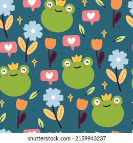 Seamless Pattern Hand Drawing Cartoon Frog With Flower And Plant. Cute Animal Wallpaper In Blue Background For Textile, Fabric Print