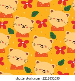 seamless pattern hand drawing cartoon cat and flowers. cute animal wallpaper for textile, gift wrap paper