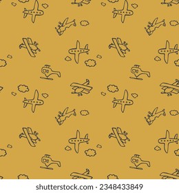 Seamless pattern with hand drawing cartoon helicopter airplane and others. Design for use backdrop, wrapping paper all over fabric print and others