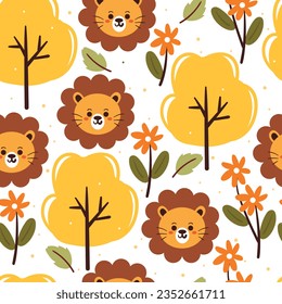 caricatura de dibujos a mano sin costura de león, flor y planta. papel pintado para productos textiles, estampado de tela