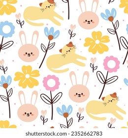 seamless pattern hand drawing cartoon cat, bunny and flower. for kids wallpaper, textile, fabric print, gift wrapping paper