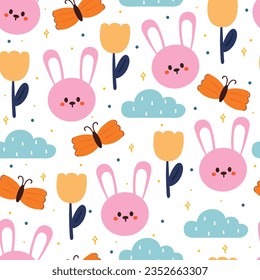 seamless pattern hand drawing cartoon bunny and flower. animal drawing for fabric print, textile, gift wrap paper