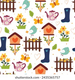 seamless pattern hand drawing cartoon bird, flower and cute element. for fabric print, textile