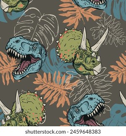 Seamless pattern of a Hand drawing cartoon dinosaurs and tropical leaves background elements. For Boys t shirt.