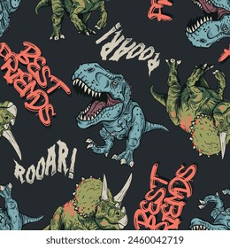 Seamless pattern of a Hand drawing cartoon dinosaurs and typography background elements. For Boys t shirt.