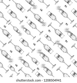 Seamless pattern with hand drawing champagne glass and cork