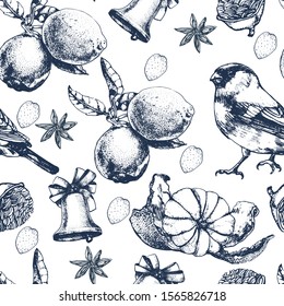 seamless pattern hand drawing, Christmas bullfinch, Bluebell, tangerines, almonds, anise stars