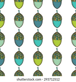 seamless pattern hand drawing colorful acorns (blue, green, yellow-green, light blue, gray-blue) on white background