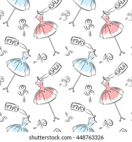 Seamless pattern hand drawing with colors various women's dresses on the white background