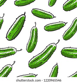 Seamless pattern with hand drawing cucumbers on white background