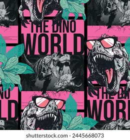 Patrón sin fisuras de una mano dibujando dinosaurios con hojas y tipografía. Para la camiseta de los niños.