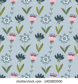 Seamless pattern with hand drawing doodle flowers and leaves on a blue pastel background. Vector