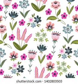 Seamless pattern with hand drawing doodle flowers and leaves on a white background. Vector