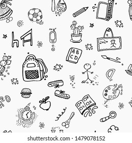Seamless pattern, hand drawing, doodle with the image of school supplies. Backpack, book, sneakers, formula, blackboard, school desk, pen, paints, pencil for design of banner, poster, invitation