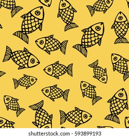 Seamless pattern with hand drawing fish of different sizes. Primrose Yellow and black color. Vector illustration