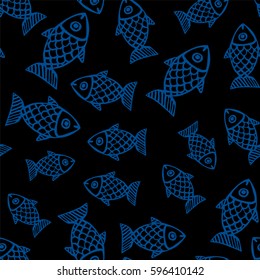 Seamless pattern with hand drawing fish of different sizes. Lapis Blue and black color. Vector illustration