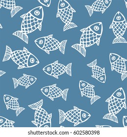 Seamless pattern with hand drawing fish of different sizes. Niagara and white color. Vector illustration