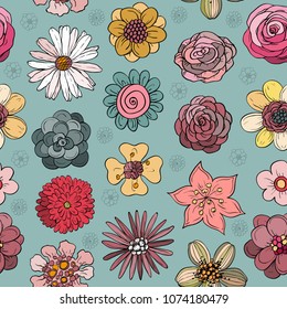 Seamless pattern with Hand drawing flowers and plants in sketch style