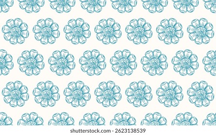 Padrão perfeito com flores desenhadas à mão nas cores branca e azul. Ilustração vetorial. Fundo infinito. Para design, impressão, tecido, convite e casamento