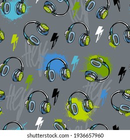 Seamless pattern with hand drawing headphones. Texture background. Wallpaper for teenager. Fashion style boy