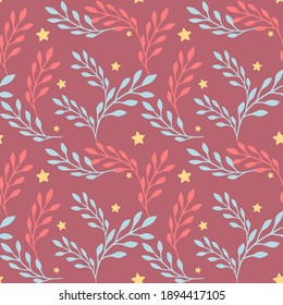 Seamless pattern with hand drawing hearts and leaves. 