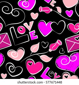 Seamless pattern with hand drawing hearts, love text, flower and letter in black and magenta colors. Abstract love symbols on a black backdrop. Vector heart background.