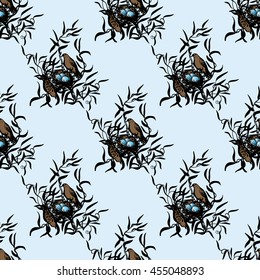 seamless pattern with hand drawing illustration with ink birds near the nest with eggs on a tree branch. Design for cover, print, wallpaper, textile, fabric, packaging