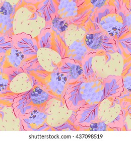 Seamless pattern of hand drawing image of delicious ripe raspberries and strawberries. Vector background. Delicate blue pink yellow illustration.